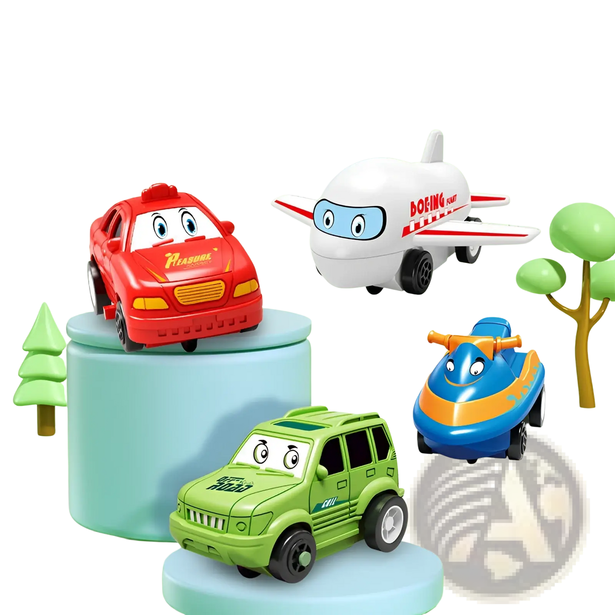 Red plastic diy electric track puzzle car with cartoon eyes and yellow grille labeled pleasure for educational play