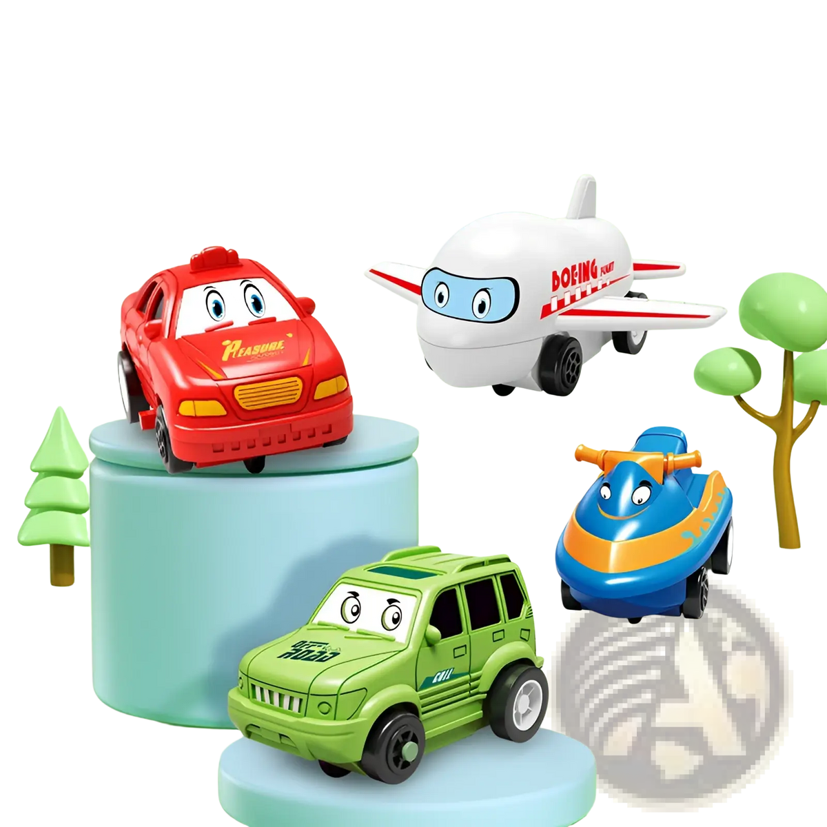 Red plastic diy electric track puzzle car with cartoon eyes and yellow grille for educational city scene play