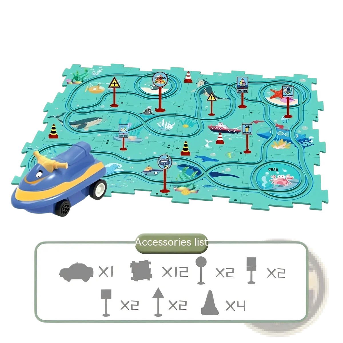 Diy electric track puzzle car city scene education toy featuring a blue and yellow toy jet ski on a turquoise puzzle track