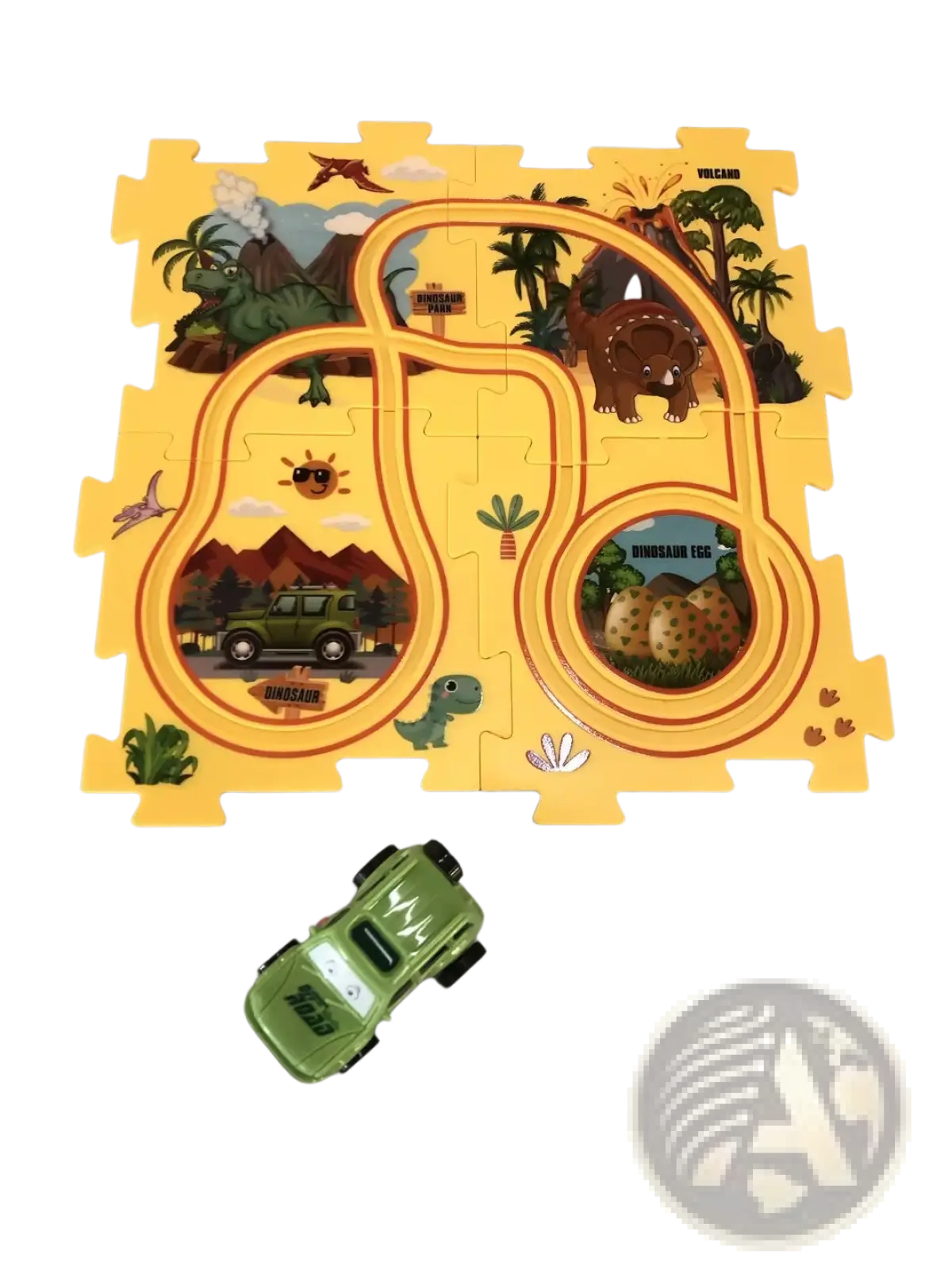 Yellow dinosaur-themed diy electric track puzzle with a green toy car for educational city scene play