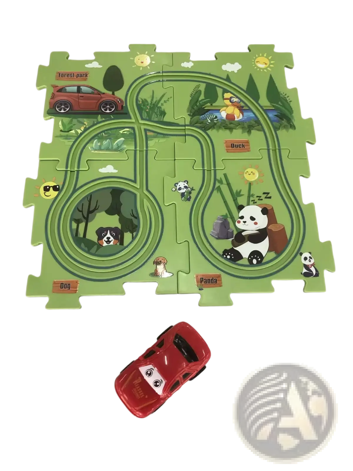 Green wooden diy electric track puzzle with winding track and cartoon animals for educational play