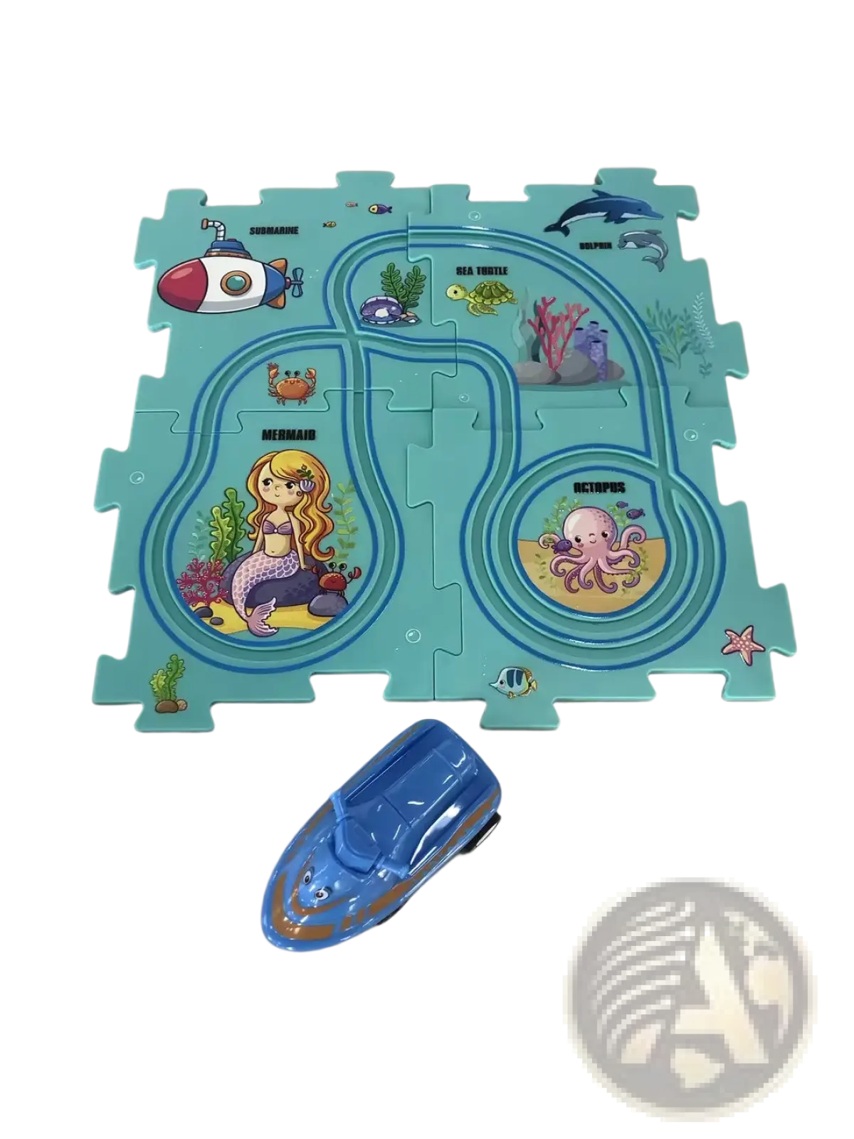 Blue plastic toy submarine with orange and white accents in diy electric track puzzle car city scene education toy