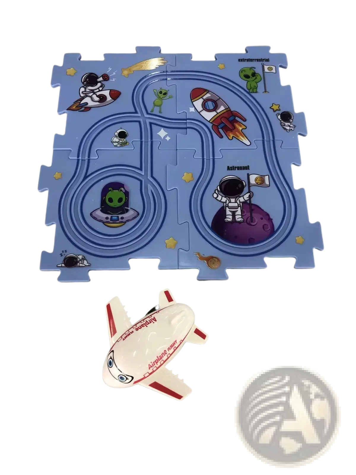 Diy electric track puzzle car city scene toy featuring a blue space-themed design with cartoon astronauts rockets and aliens