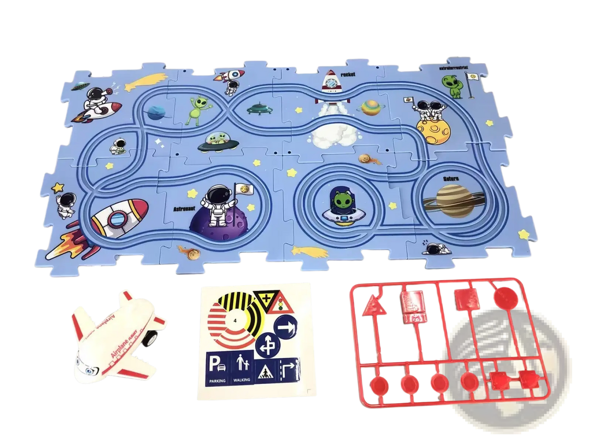 Blue plastic diy electric track puzzle featuring space-themed cartoon astronauts aliens and planets for educational play