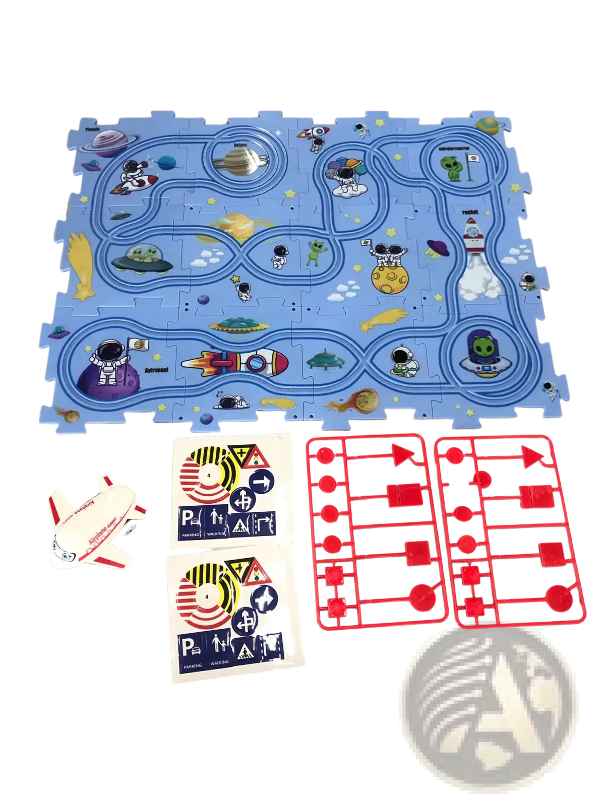 Blue space-themed puzzle mat featuring cartoon astronauts rockets and planets for diy electric track puzzle car city scene toy