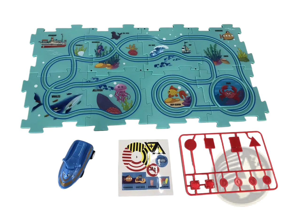 Blue plastic diy electric track puzzle car with silver trim and black wheels for educational city scene play