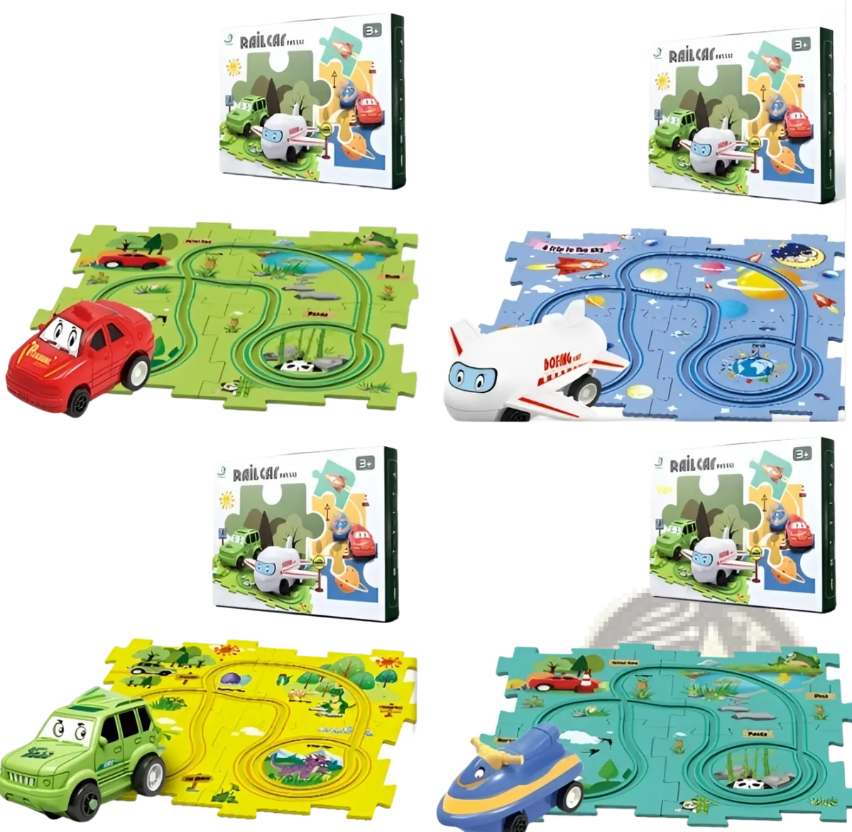 Red plastic diy electric track puzzle car with cartoon face on green puzzle track for educational play