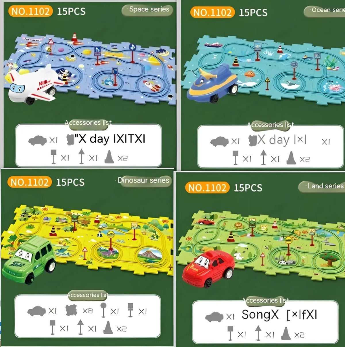 Blue and yellow diy electric toy train on modular ocean-themed play track for educational car city scene puzzle