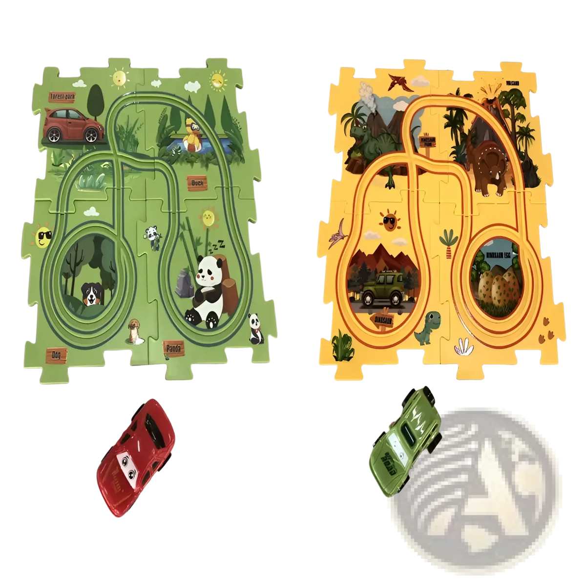 Green and yellow diy electric track puzzle sets featuring cartoon animal and vehicle themes for educational play