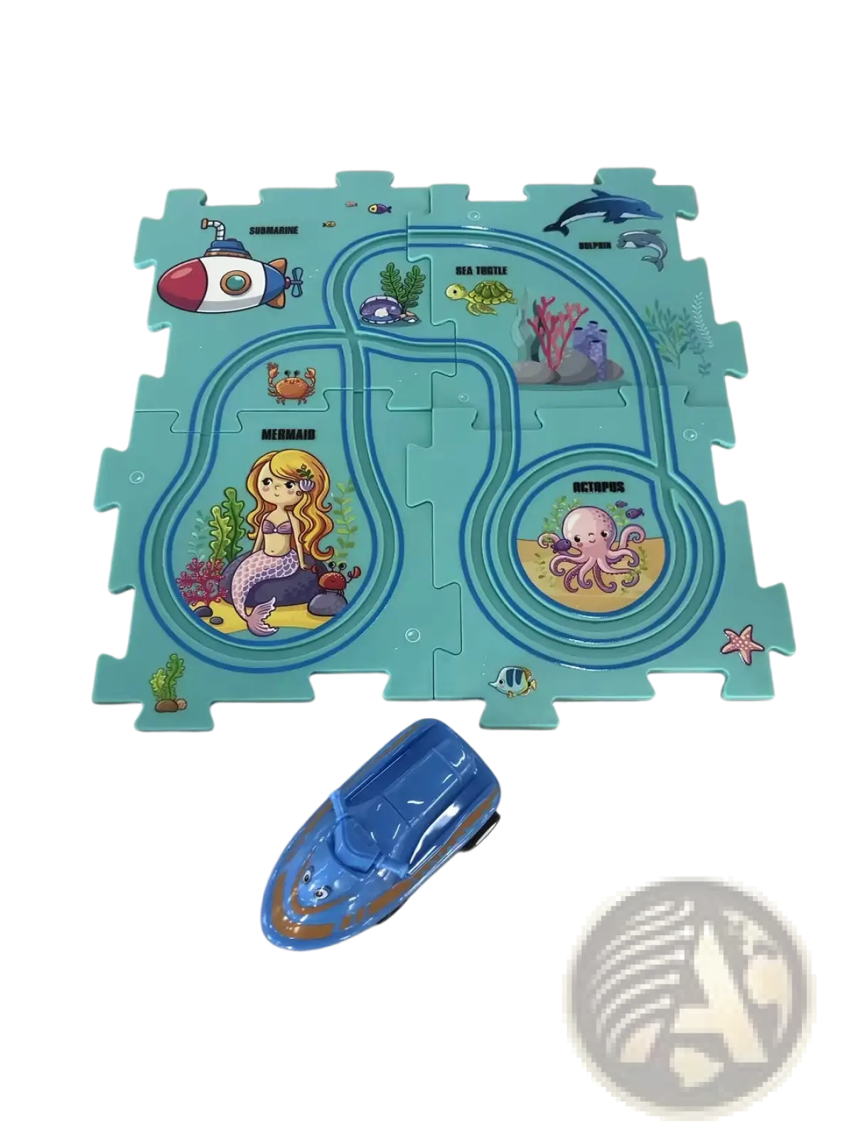 Light blue plastic diy electric track puzzle with underwater-themed cartoon sea creatures and matching toy submarine