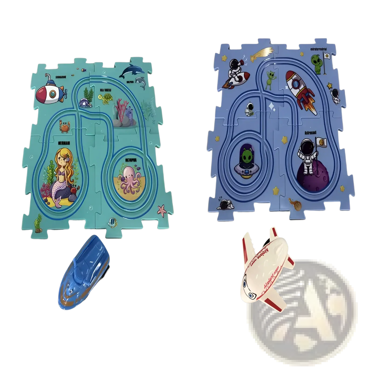 Diy electric track puzzle car city scene education toy with colorful interlocking underwater and space-themed mats