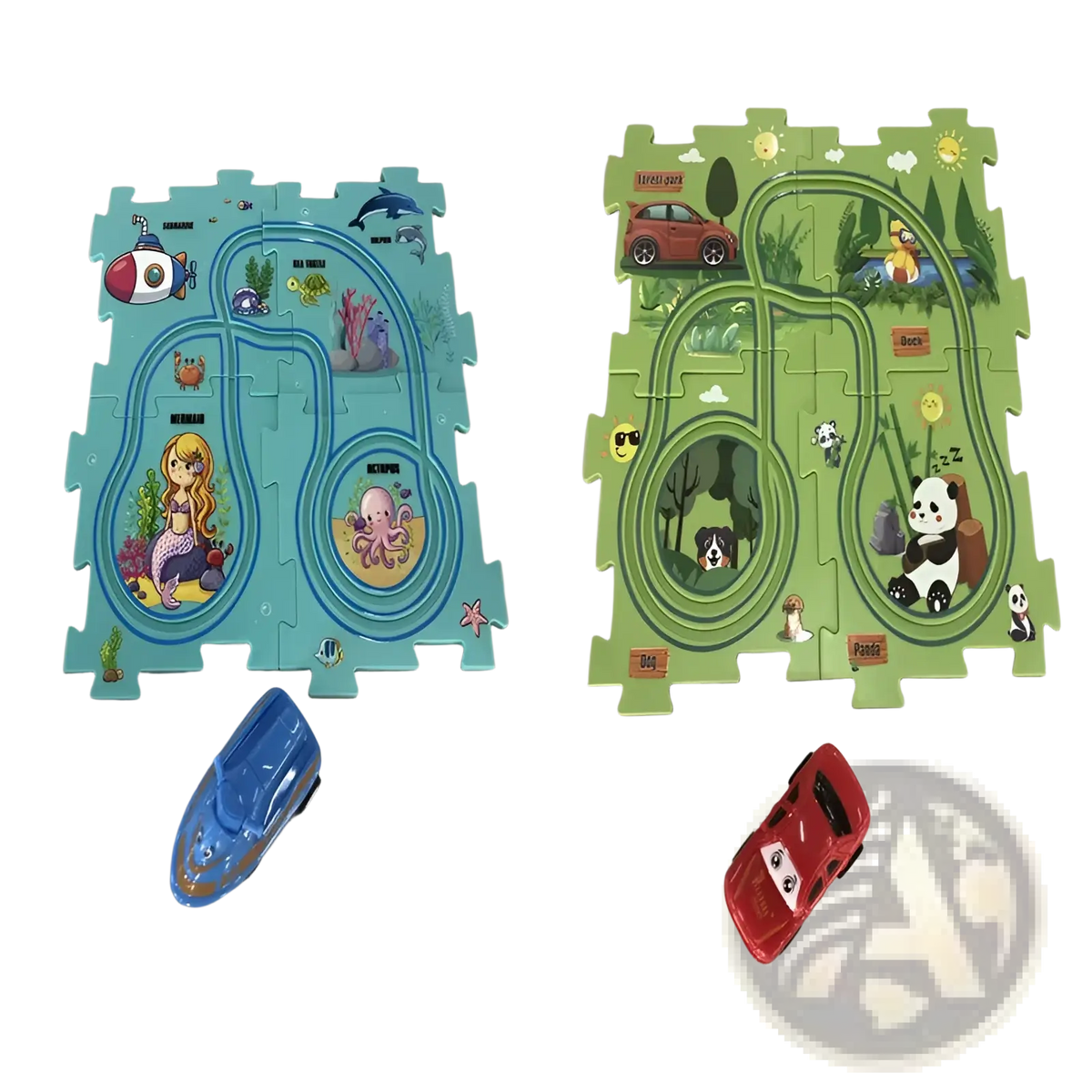 Diy electric track puzzle car city scene education toy with blue and red plastic cars on ocean and forest themed mat