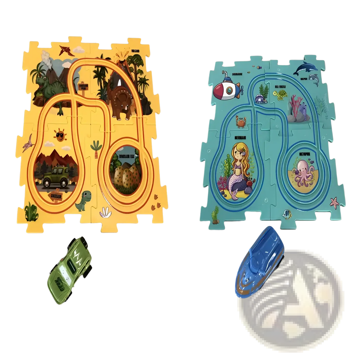 Diy electric track puzzle car city scene toy with yellow and teal interlocking mats featuring dinosaur and ocean prints
