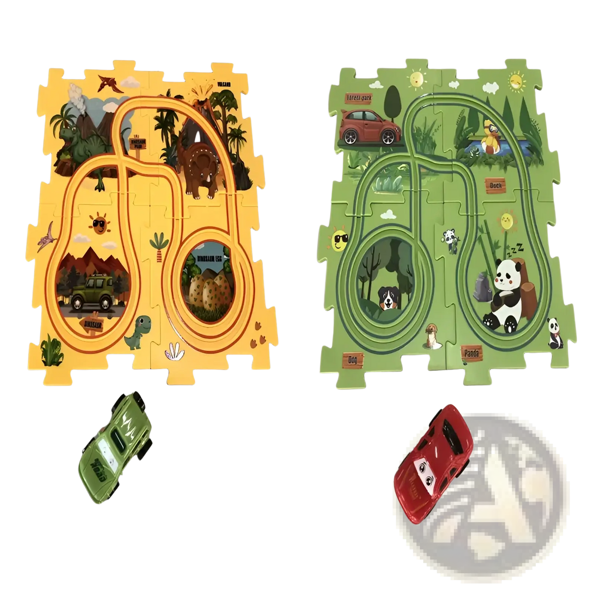 Yellow and green diy electric track puzzle car city scene education toy with interlocking foam mats and dinosaur designs