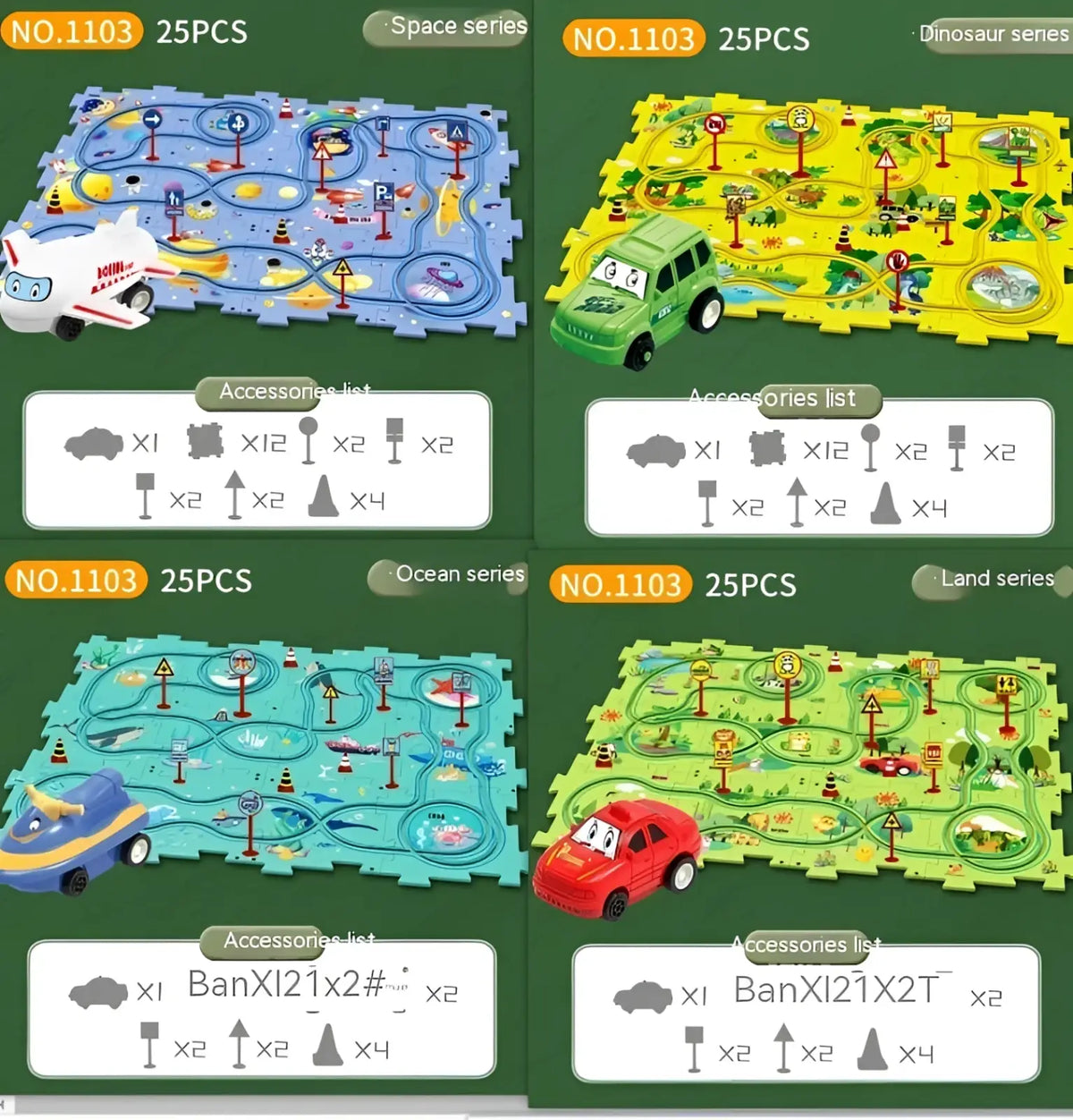 Diy electric track puzzle car city scene education toy showing four colorful interlocking road mats with vehicles and traffic signs