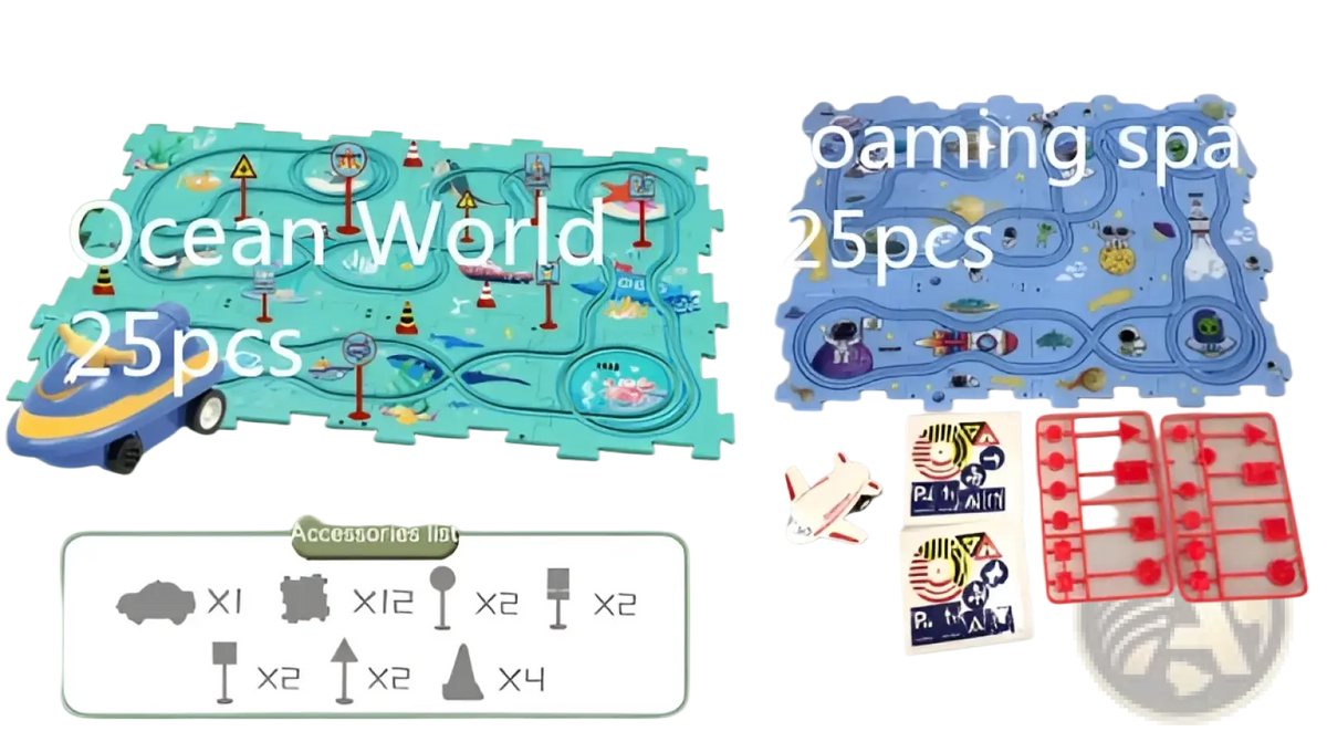 Blue ocean-themed diy electric track puzzle car city scene toy with 25 pieces featuring roads vehicles and sea creatures