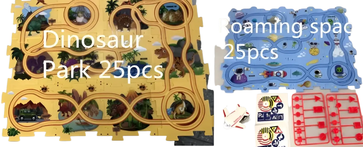 Diy electric track puzzle car city scene education toy featuring yellow dinosaur and blue space-themed play mats