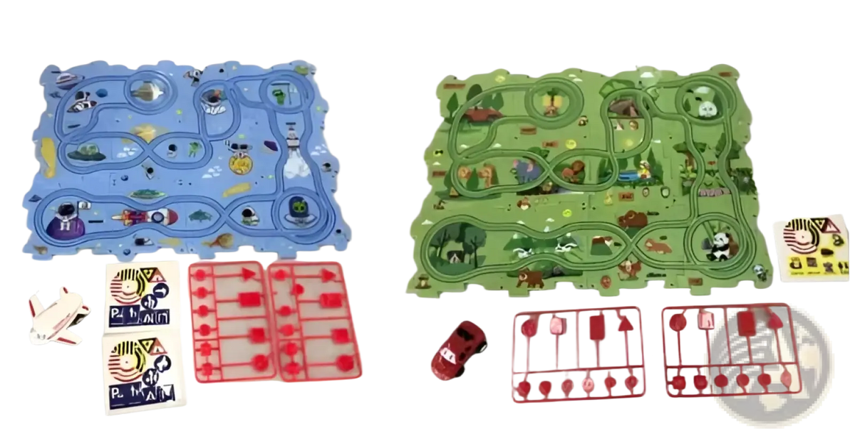 Blue and green plastic diy electric track puzzle car city scene toy with colorful character decals and red car accessories