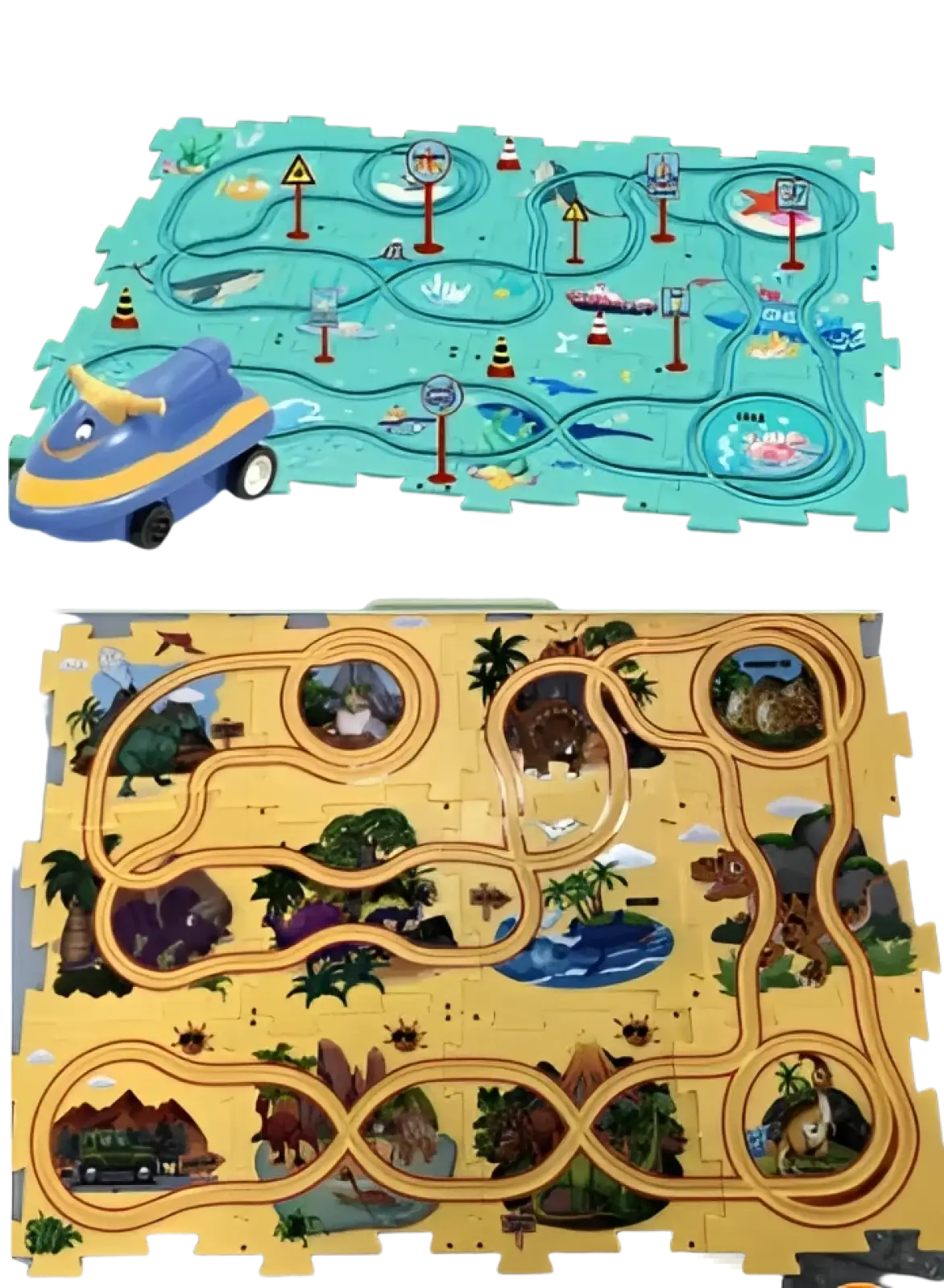 Diy electric track puzzle car city scene education toy with turquoise ocean and yellow jungle interlocking mats