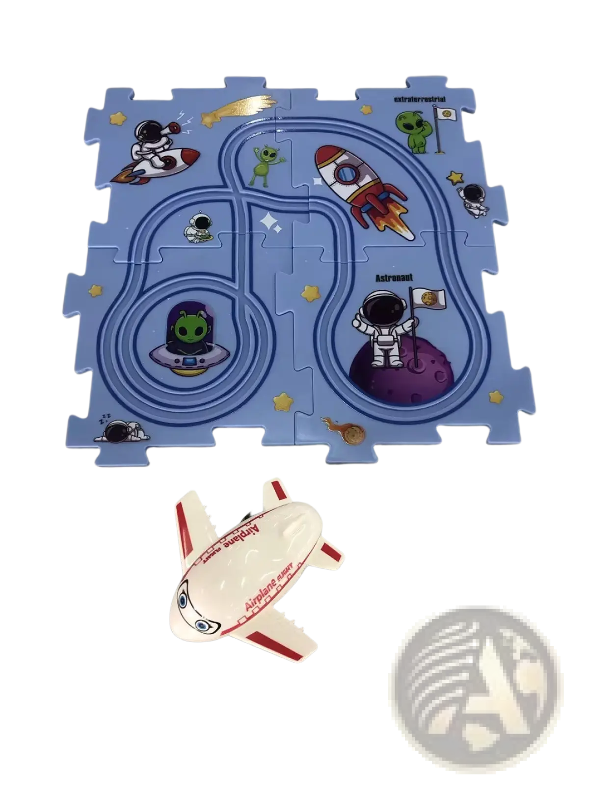 Diy electric track puzzle car city scene featuring blue space-themed design with cartoon astronauts rockets and aliens