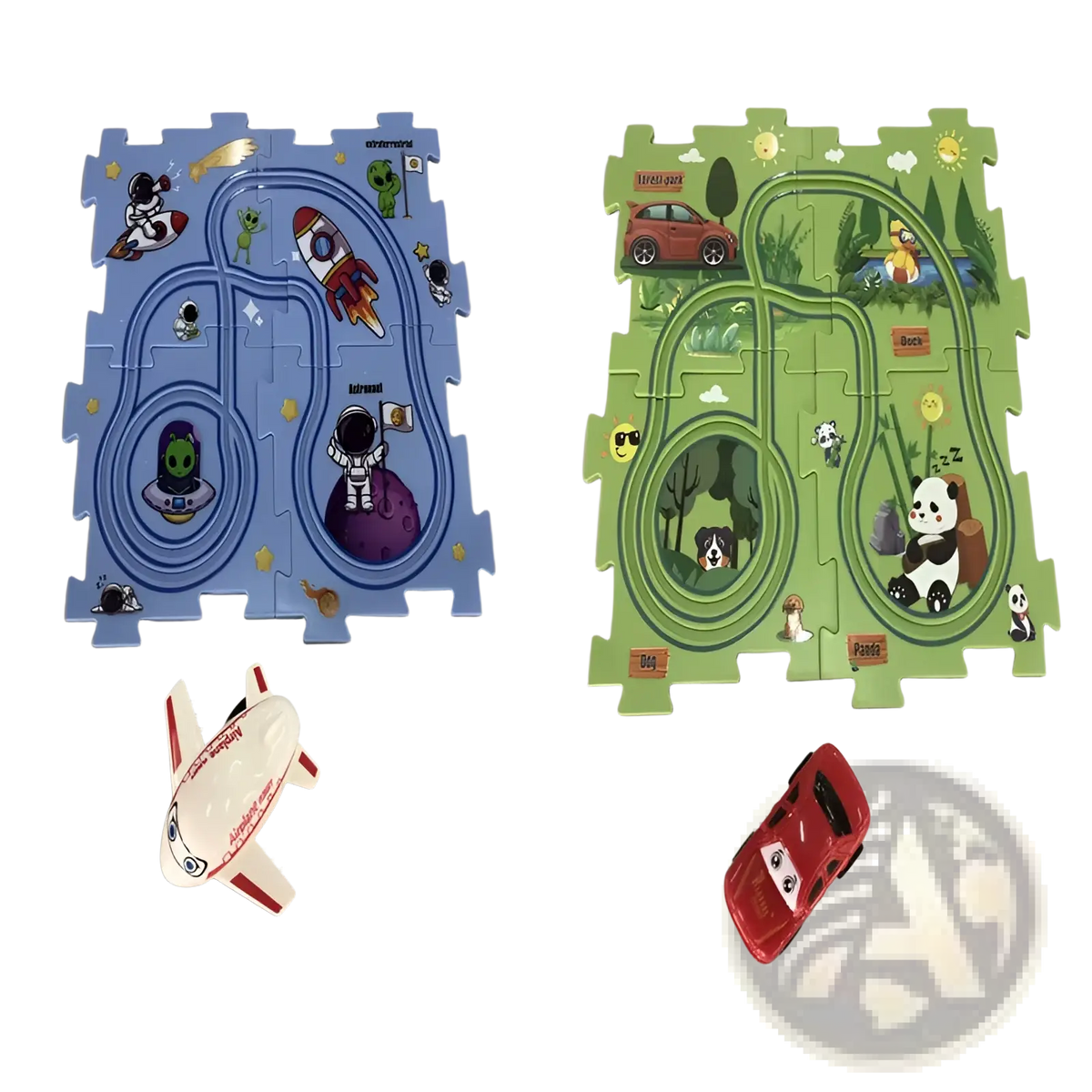 Diy electric track puzzle car city scene education toy featuring blue and green interlocking mats with space and forest tracks