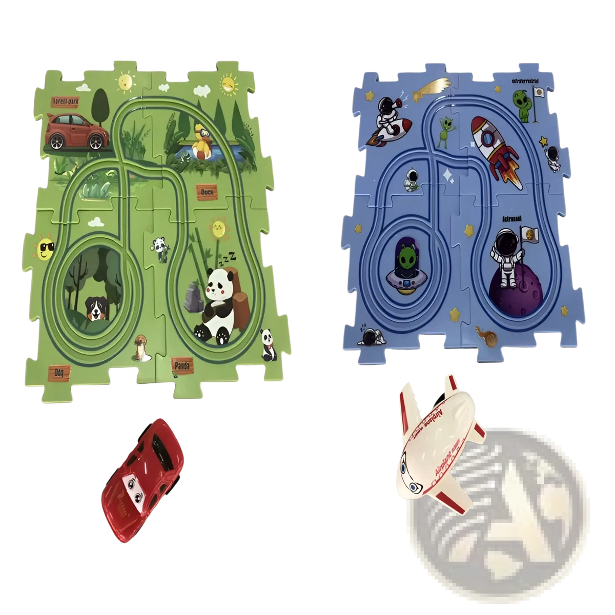 Diy electric track puzzle car city scene education toy with green and blue foam mats featuring animal and space tracks