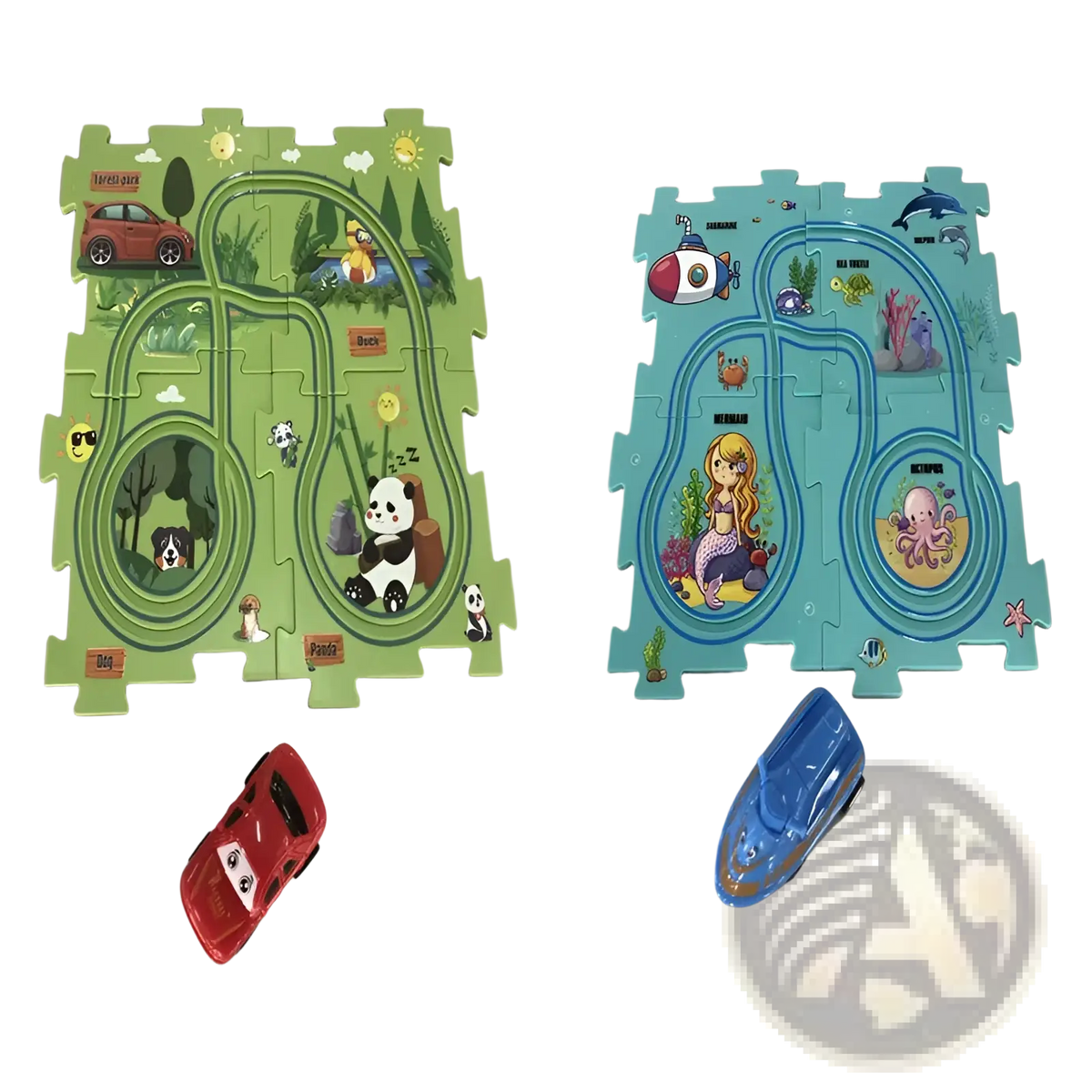 Diy electric track puzzle car city scene with green and blue foam mats featuring cartoon animal and ocean designs