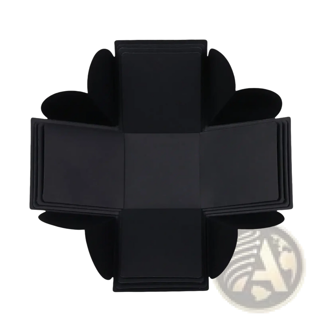 Black cardboard diy explosion photo album gift box with flaps arranged in a starburst pattern