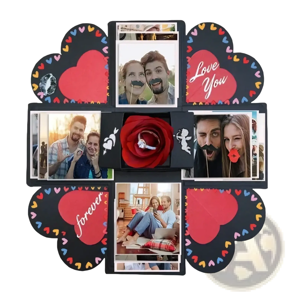 Black heart-shaped diy explosion photo album gift box with colorful heart borders and central red rose holding engagement ring