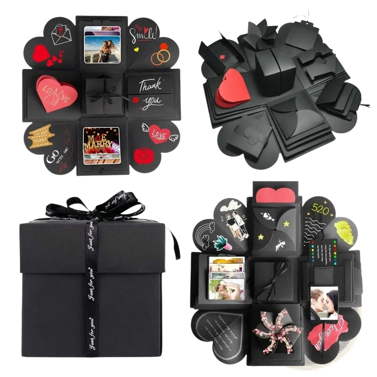 Black paper diy explosion photo album gift box with red heart accents and photo slots for personalized gifts