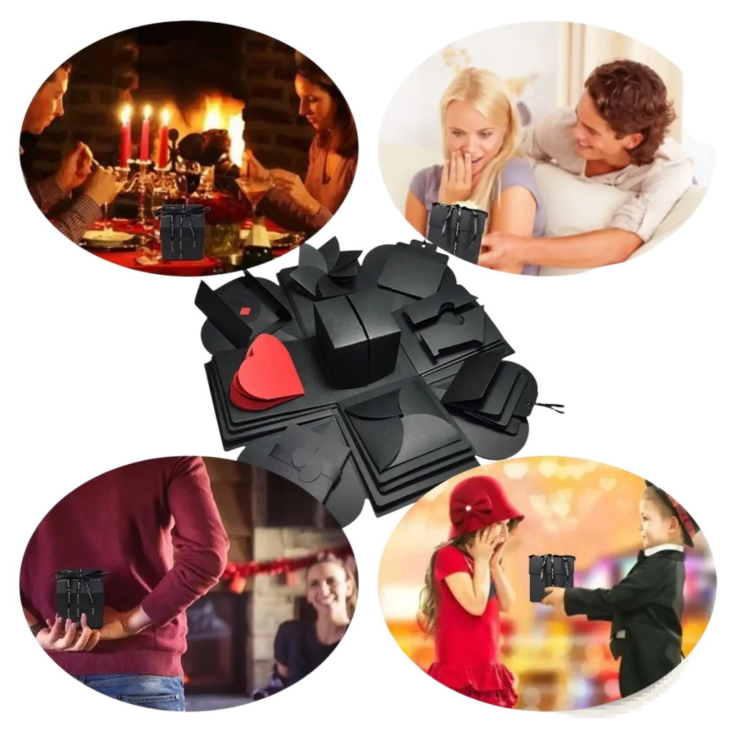 Diy explosion photo album gift box made of black paper with red heart accent for sentimental gift giving