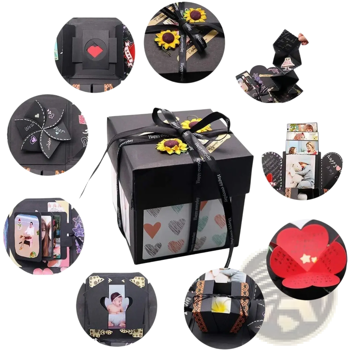Black square diy explosion photo album gift box with sunflower decorations and heart-patterned interior panels