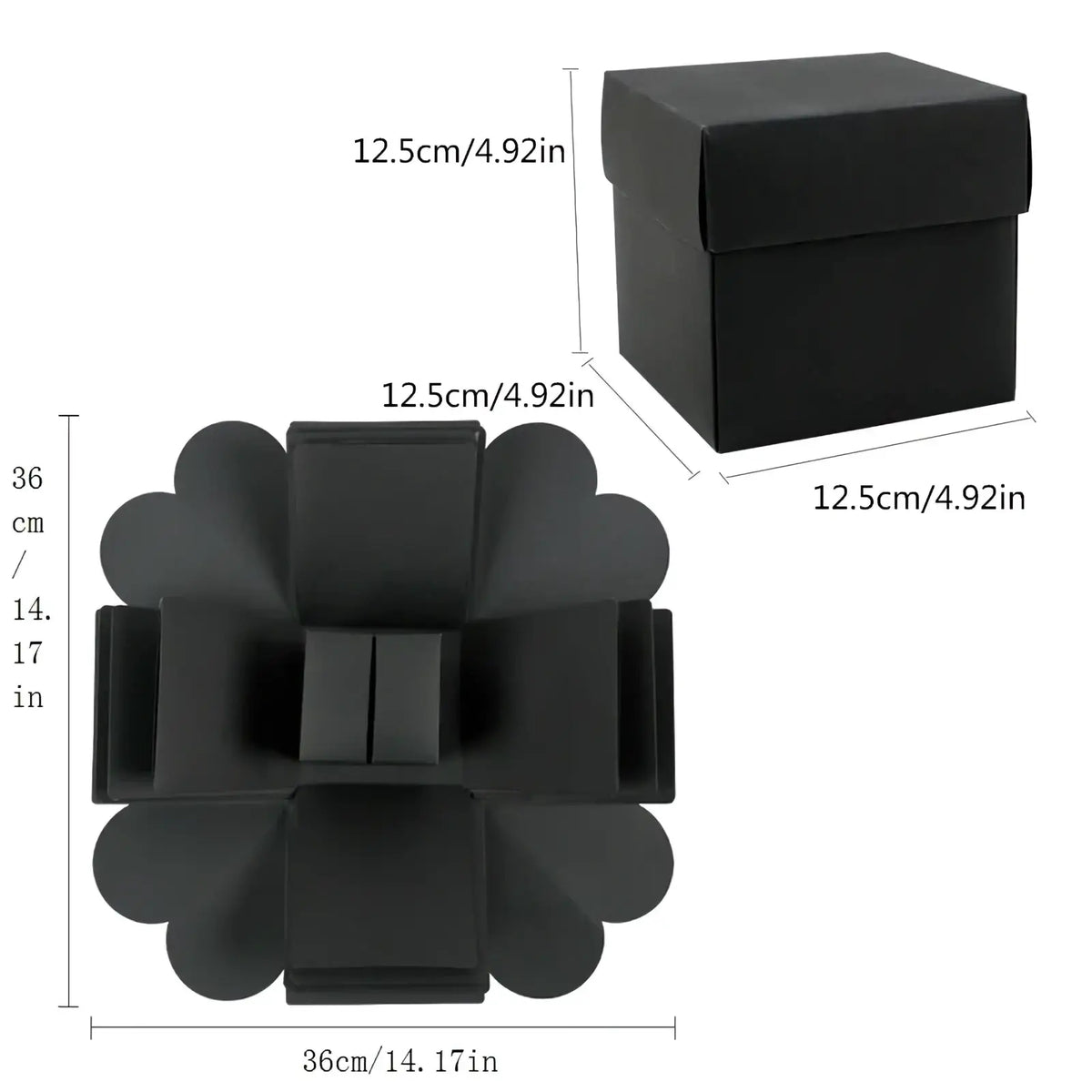 Black cardboard diy explosion photo album gift box with square top and petal-shaped flaps exploded view