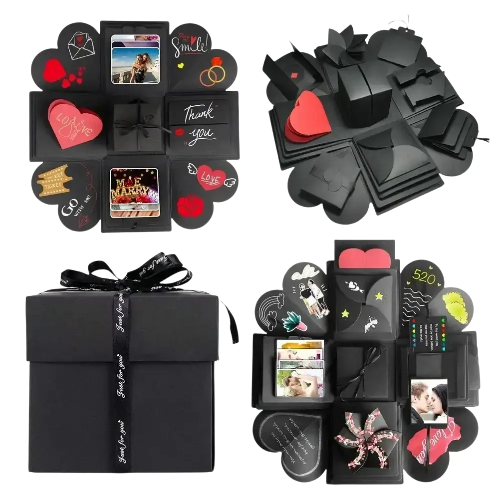 Black paper explosion photo album gift box with red and gold decorative elements for diy personalized gifts