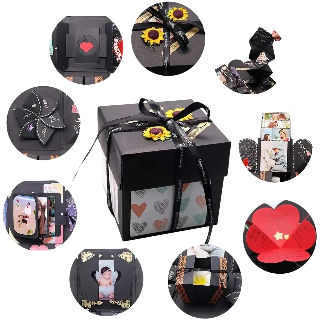 Black square diy explosion photo album gift box with sunflower decorations and heart-patterned interior panels