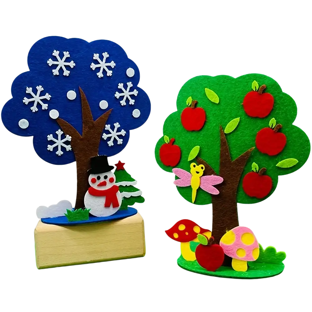 Diy felt seasonal tree craft kit with blue and green felt decorations featuring snowflakes apples snowman mushrooms and dragonfly