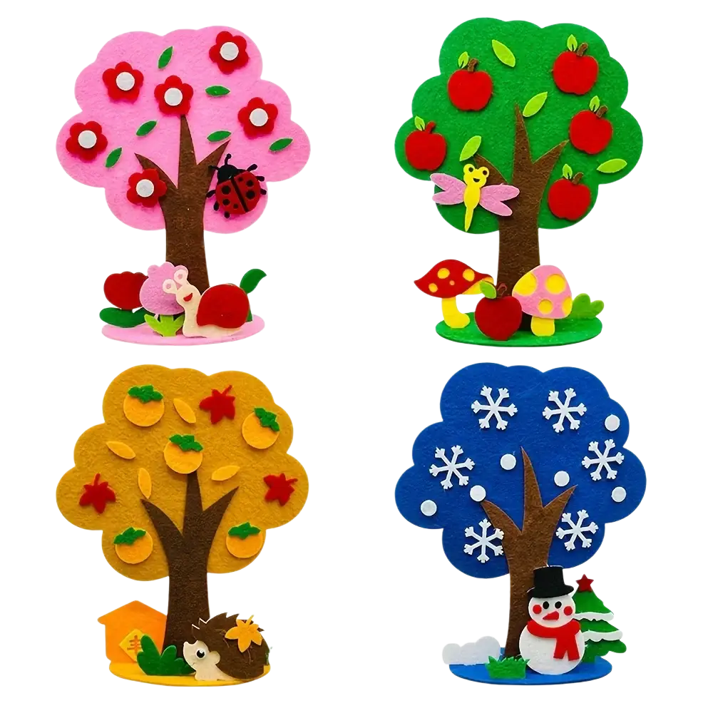 Diy felt seasonal tree craft kit featuring four felt wall decorations with distinct colors and seasonal themed elements