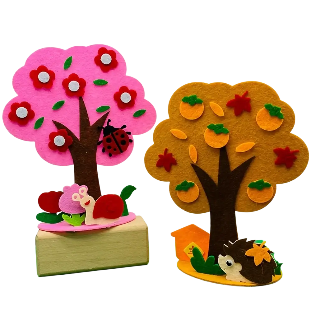 Diy felt seasonal tree craft kit featuring pink and orange felt trees with flowers fruit leaves and a ladybug detail