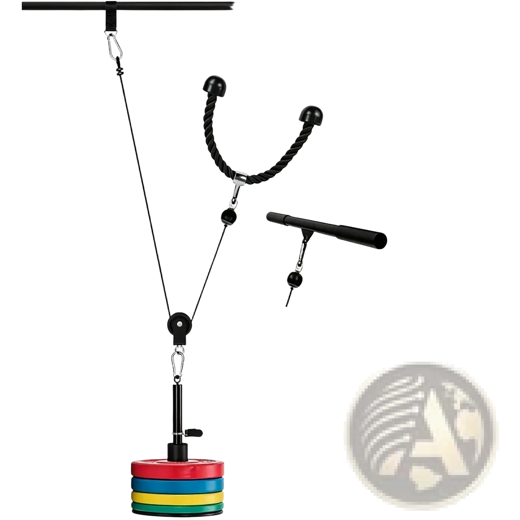 Black diy home gym cable pulley system with adjustable handles and colorful weight plates for lat pulldown exercises