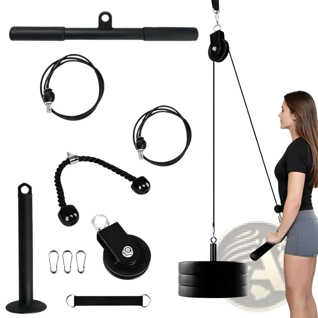Black cable pulley system with adjustable weights and attachments for lat pulldown in diy home gym workouts