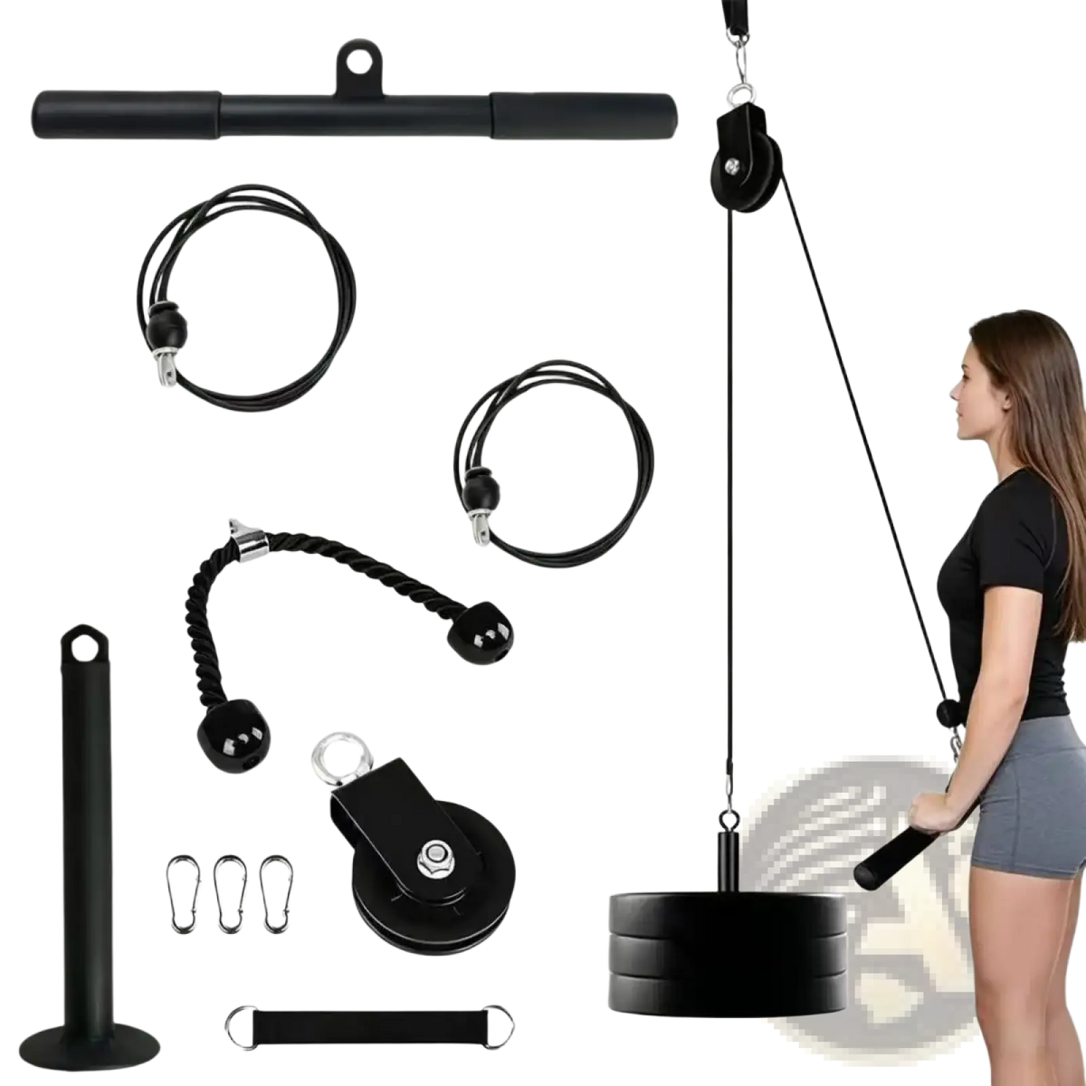 Black cable pulley system with adjustable weights and attachments for lat pulldown in diy home gym workouts