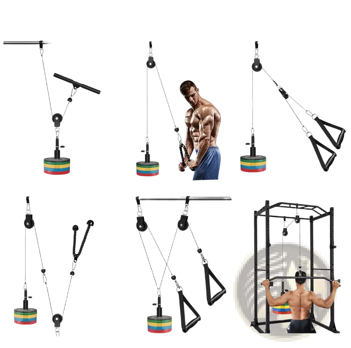 Diy home gym cable pulley system in black with adjustable weight plates and multiple attachments for lat pulldown workouts