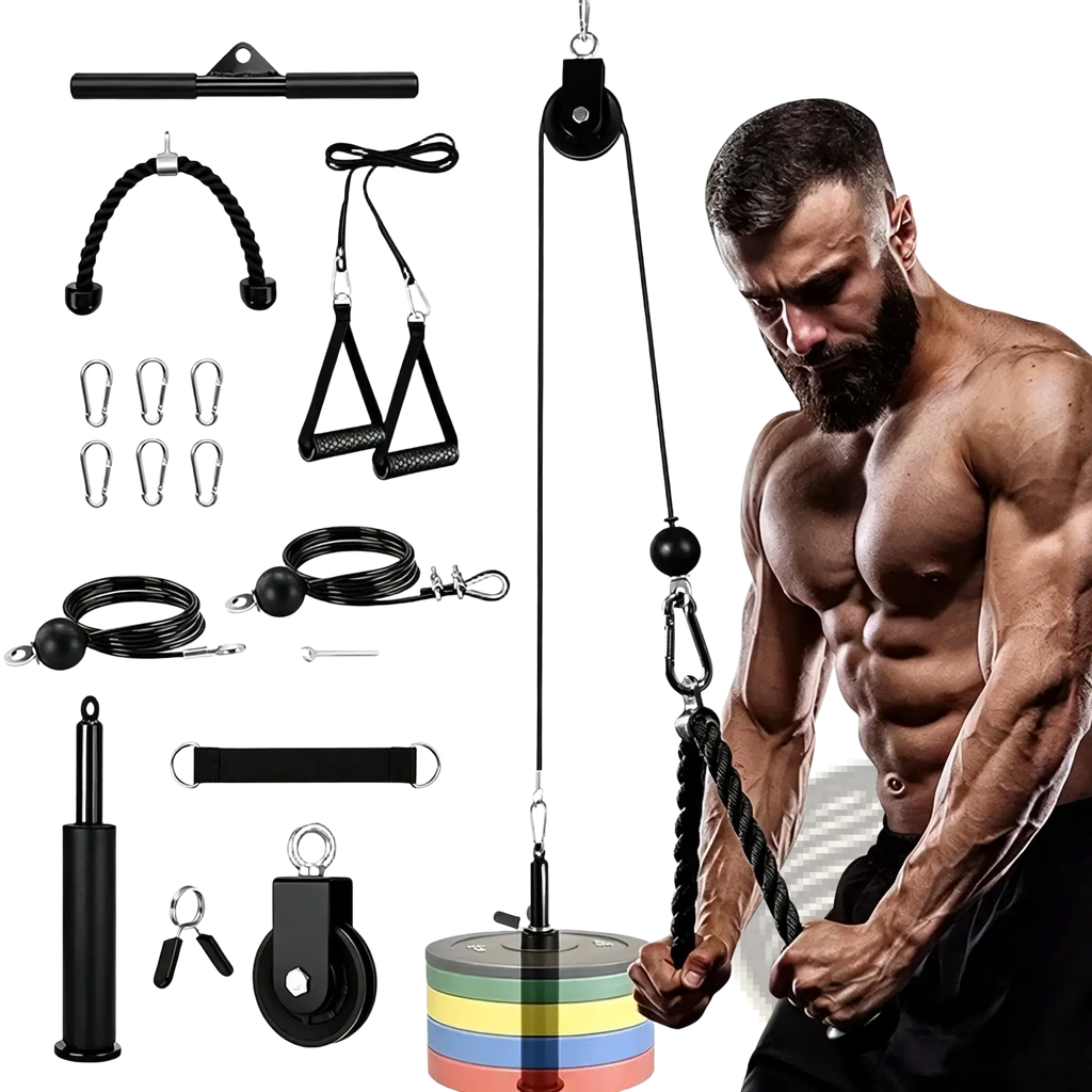 Black diy home gym cable pulley system with colorful weight plates and assorted attachments for lat pulldown exercises