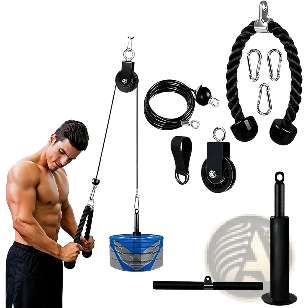 Diy home gym cable pulley system lat pulldown with blue and gray weighted machine and black rope attachments