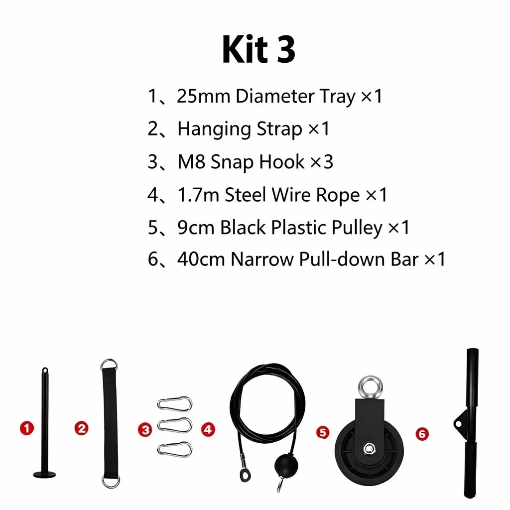 Black plastic diy home gym cable pulley system with metallic silver hook and axle for lat pulldown exercises