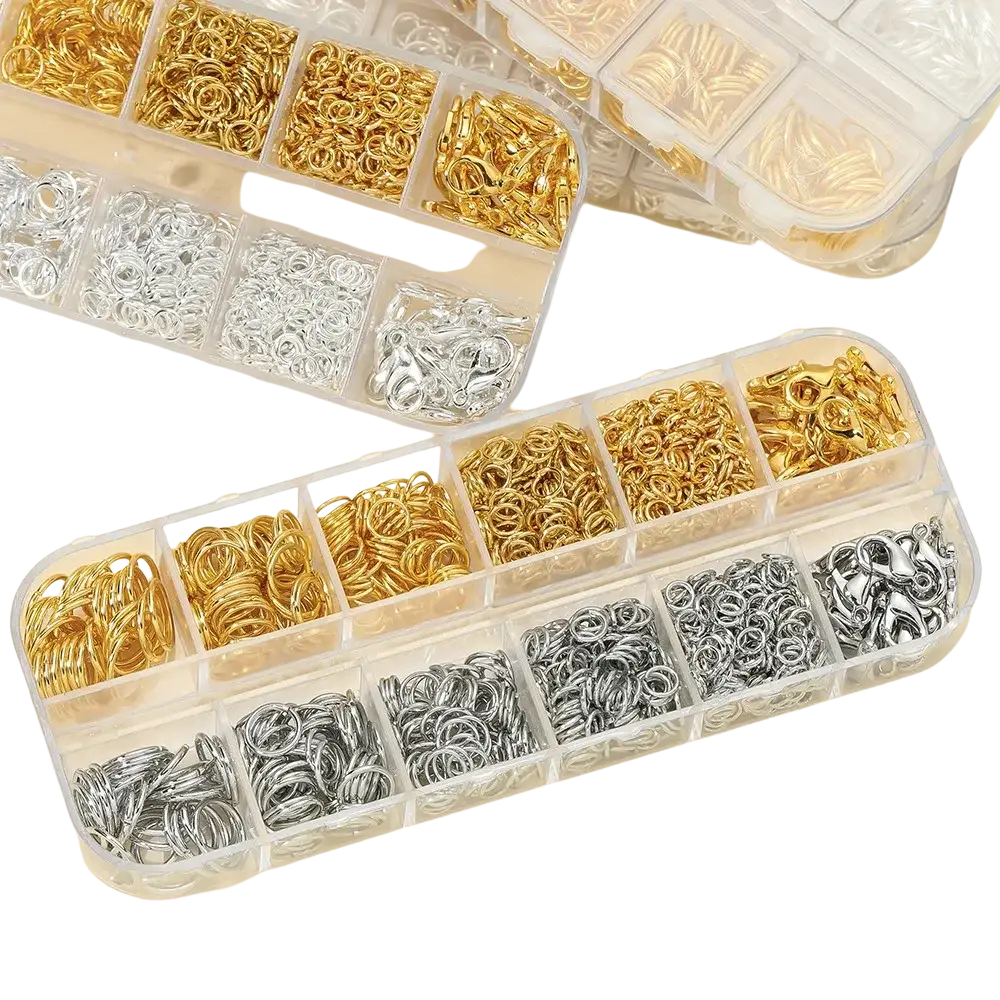 Clear plastic organizer boxes with gold and silver metal jump rings and clasps for diy jewelry making findings kit with tools