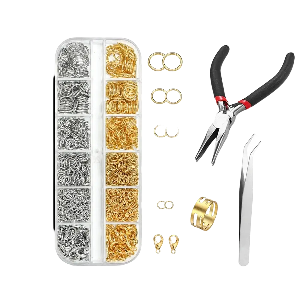 Clear plastic organizer box filled with assorted silver and gold metal jump rings for diy jewelry making findings kit with tools