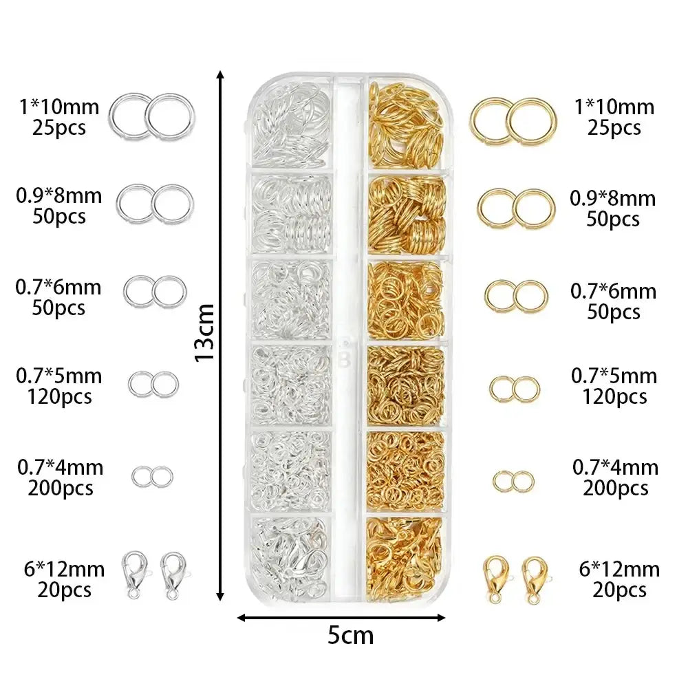 Clear plastic organizer box with assorted silver and gold metal jump rings and clasps for diy jewelry making kit