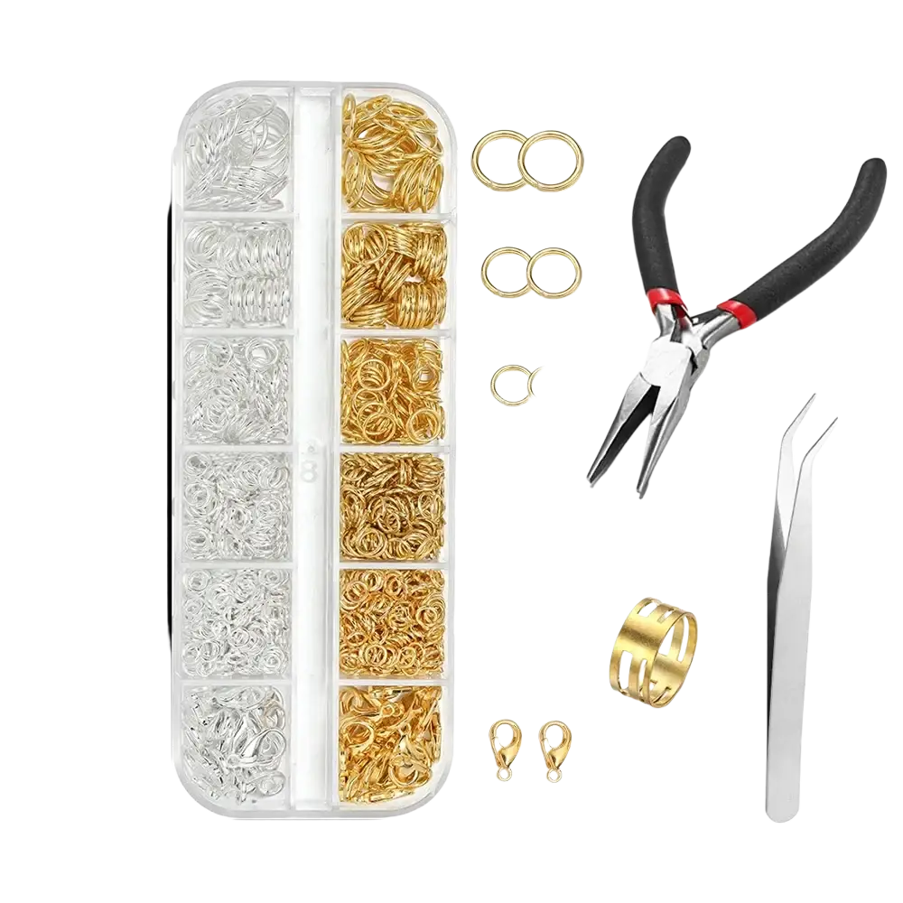 Diy jewelry making findings kit with tools featuring organized compartments of silver and gold metal findings and pliers