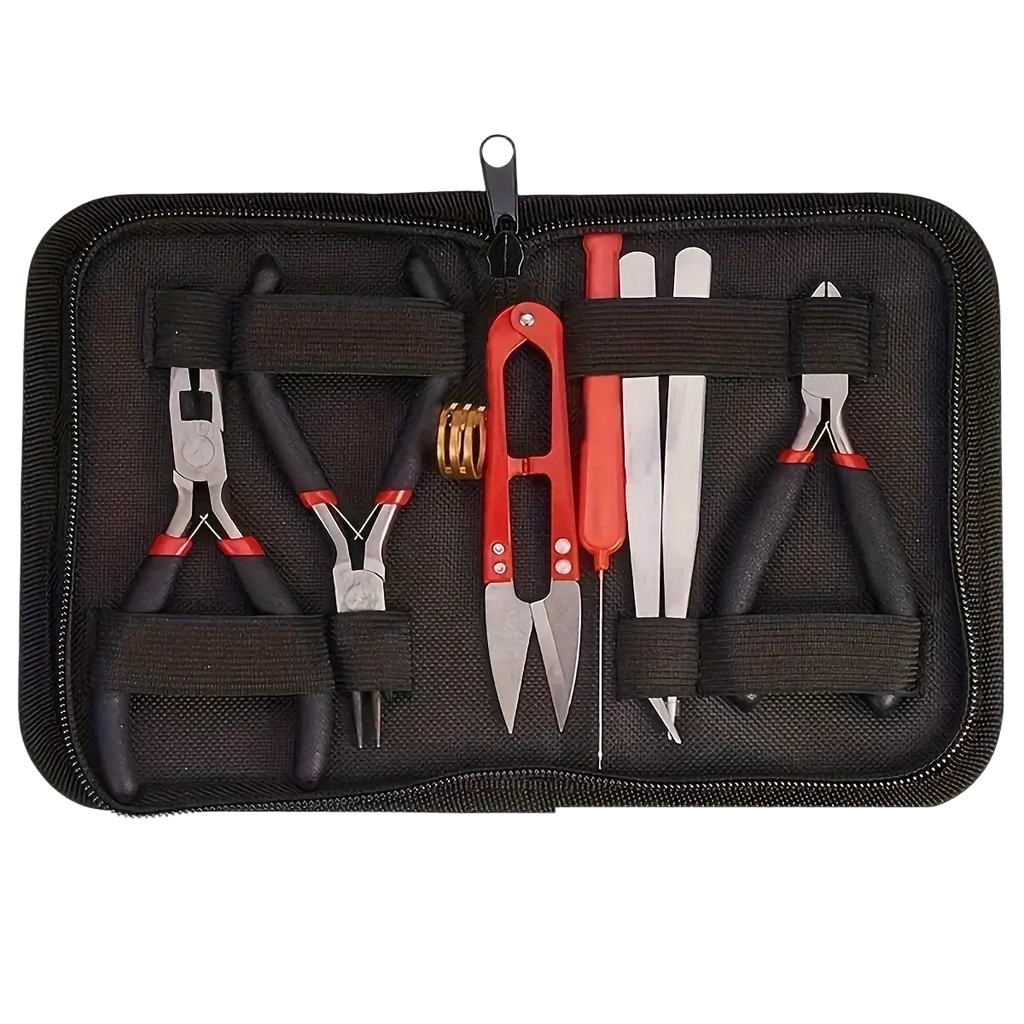 Diy jewelry making tool set 8-piece kit with black and red zippered case and stainless steel implements organized inside
